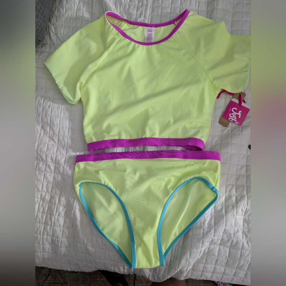 Justice Neon Lime and Purple Swimsuit